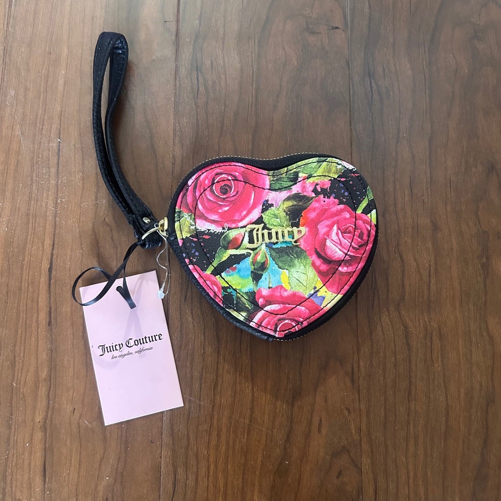 Juicy Couture Black Multi Rose Off The Chain Heart Coin Case Wristlet NWT